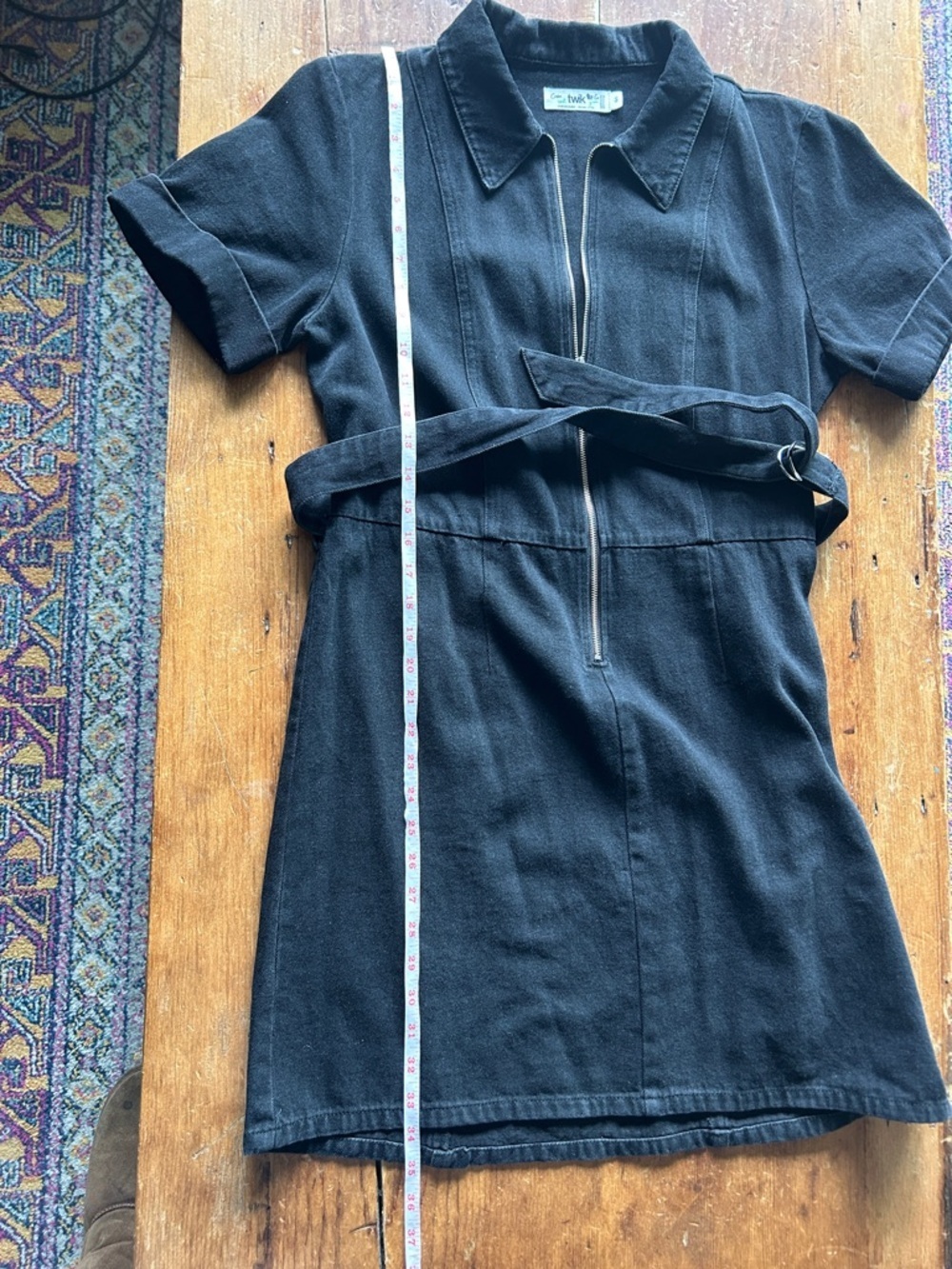 TWIK (Simons) Black 100% Cotton Zip Front Mini Dress with Belt & Collar (LG) - Picture 5 of 8